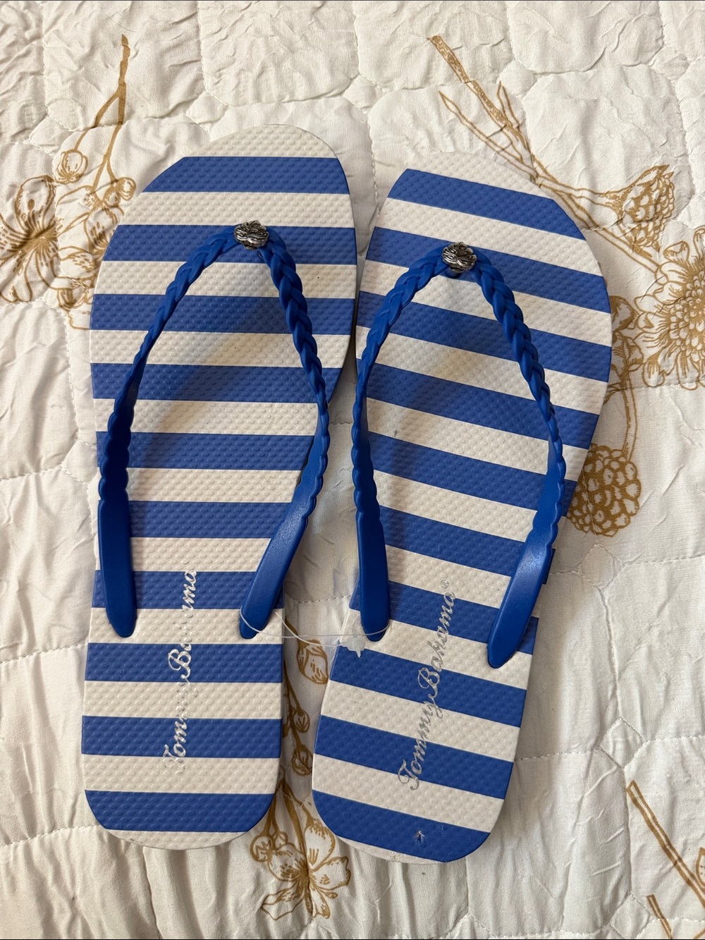 Tommy Bahama Blue and White Striped Braided Flip Flop Sandals